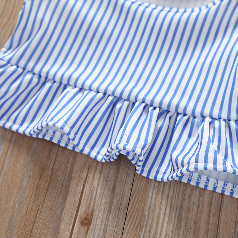 Venta al por mayor Traje de baño de poliéster con volantes a rayas para niños